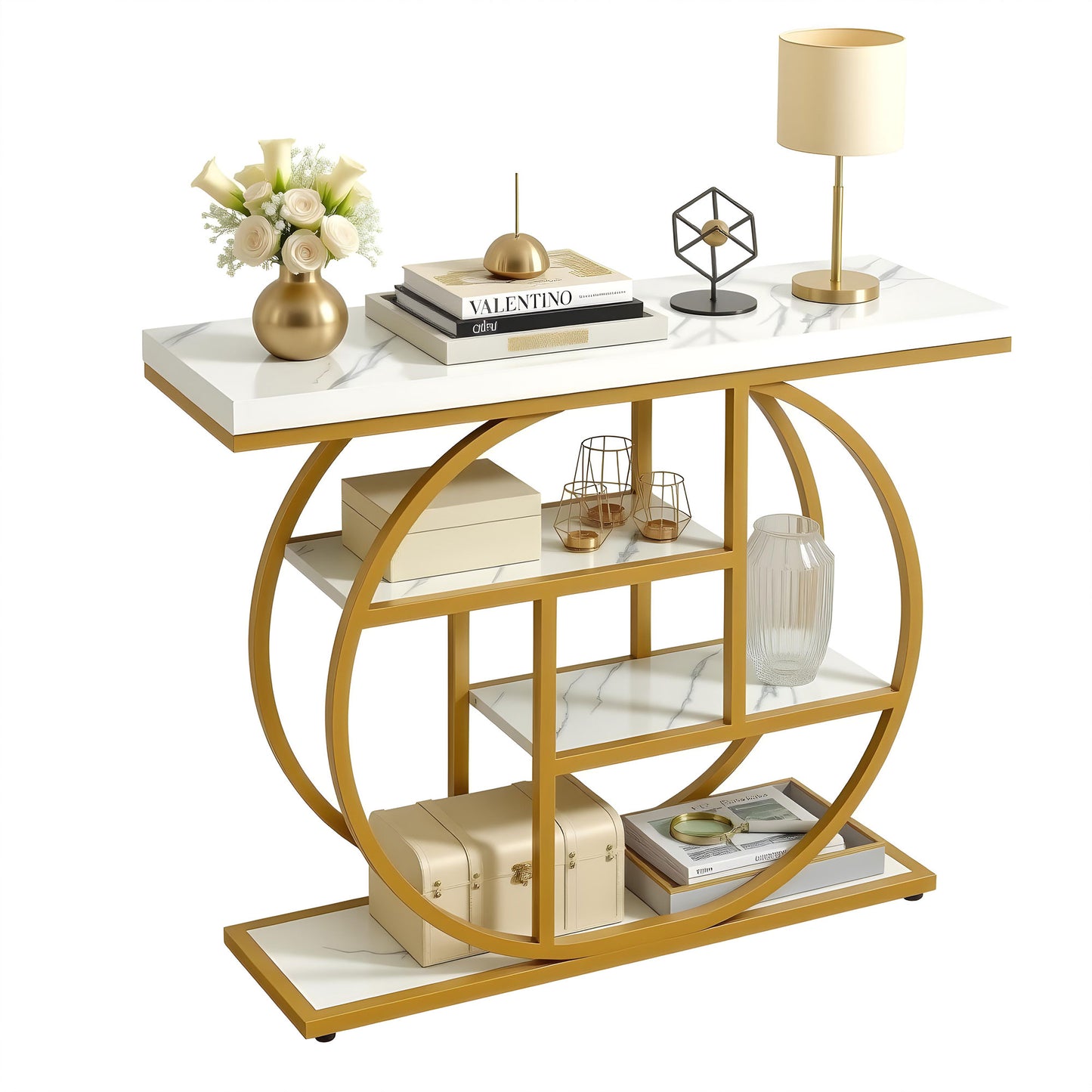 Console Table – Marble Effect Top, 4-Tier Shelves, White & Gold, 105cm