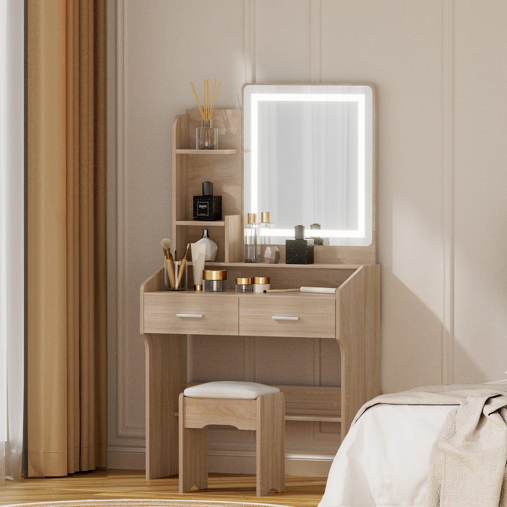 Dressing Table Set with LED Mirror and Wood Finish