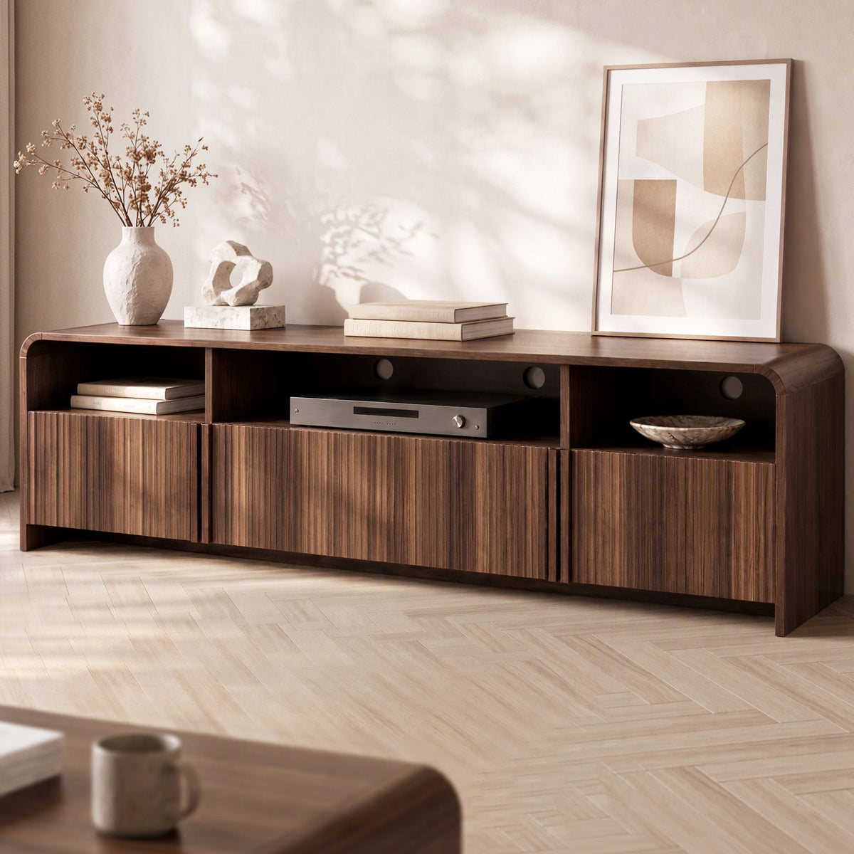 TWSC Fluted TV Unit, 180cm – Walnut — walnut-colour TV cabinet in a furnished living room