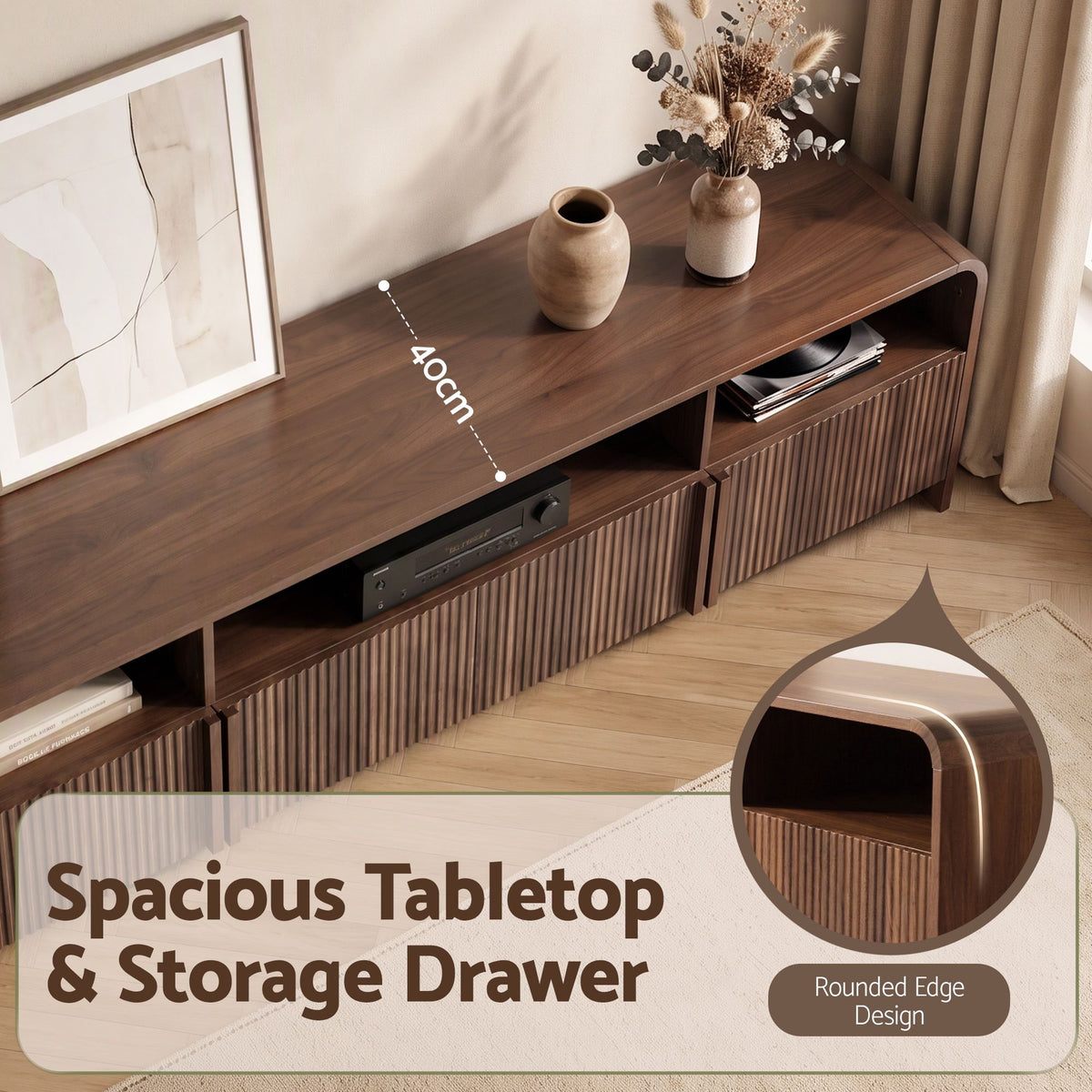 TWSC Fluted TV Unit, 180cm – Walnut — tabletop and rounded-corner detail