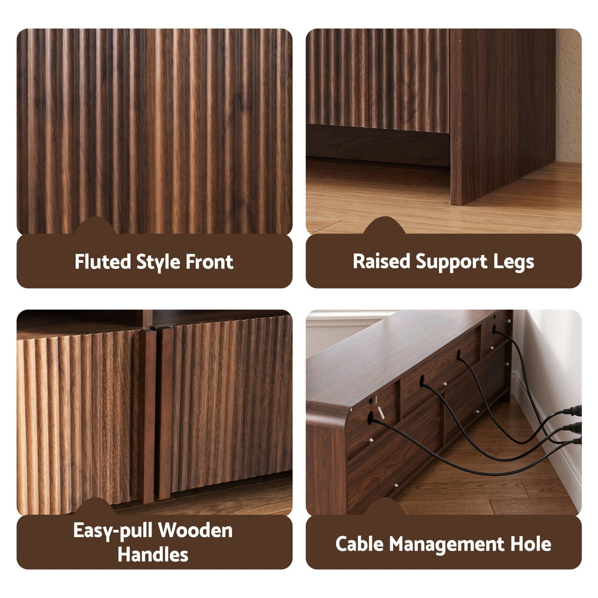 TWSC Fluted TV Unit, 180cm – Walnut — fluted front, legs, handles and cable-hole details