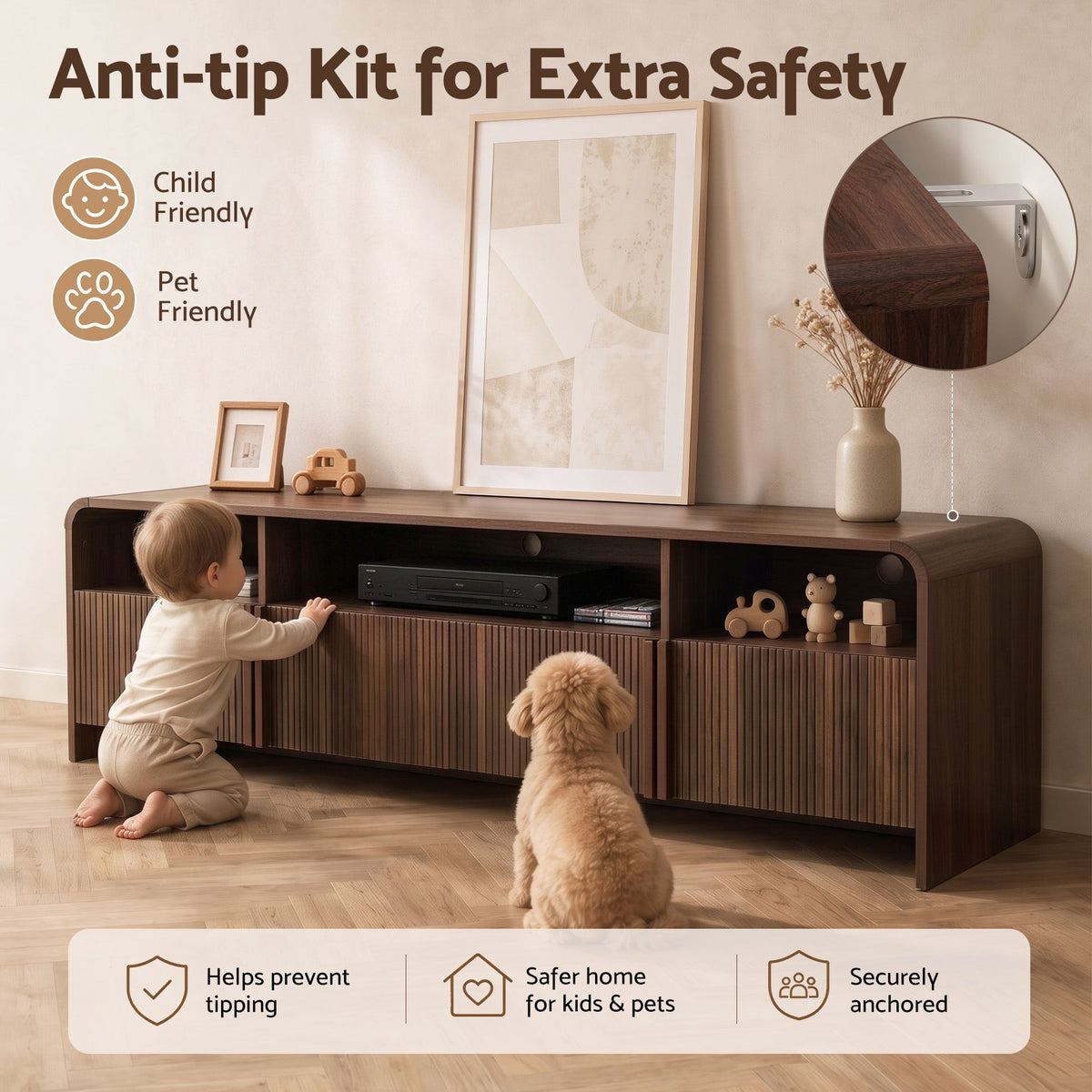TWSC Fluted TV Unit, 180cm – Walnut — anti-tip attachment detail in a family setting