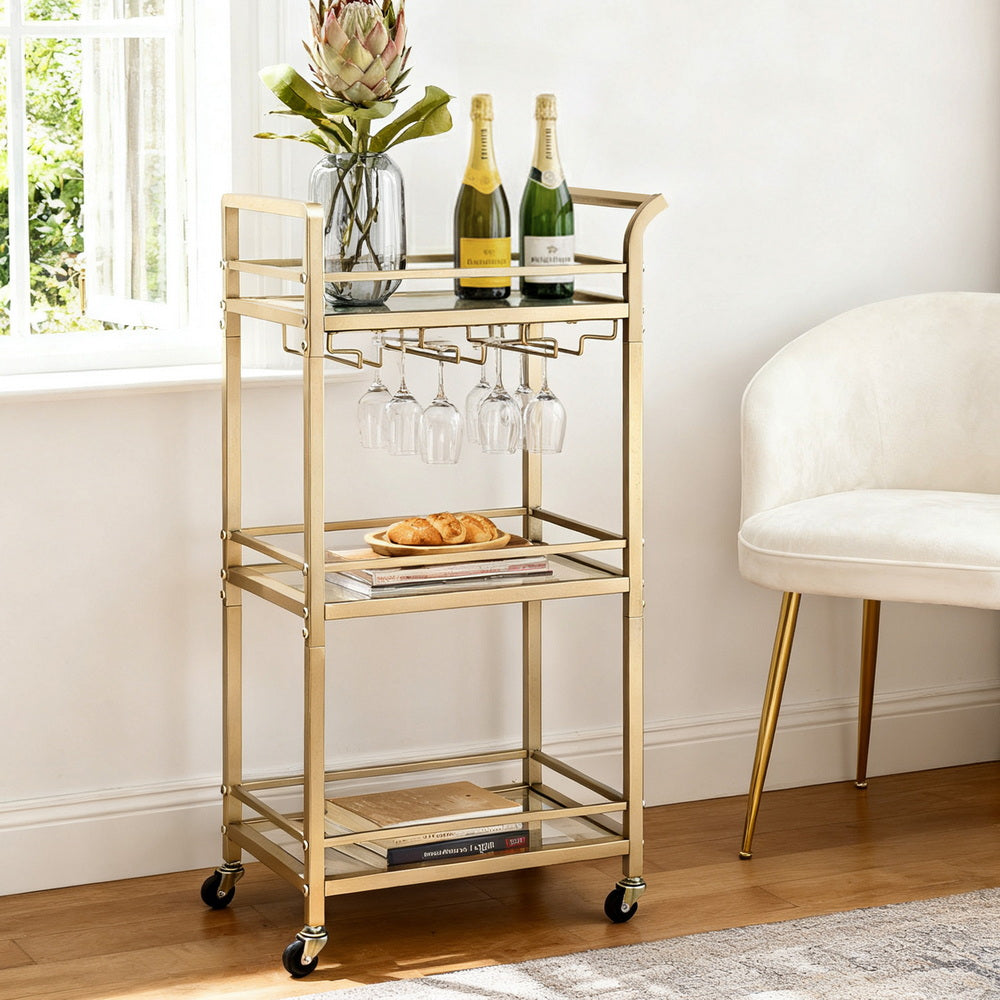 Kitchen Island Cart – Gold Metal Frame with Wine Glass Rack, 43cm