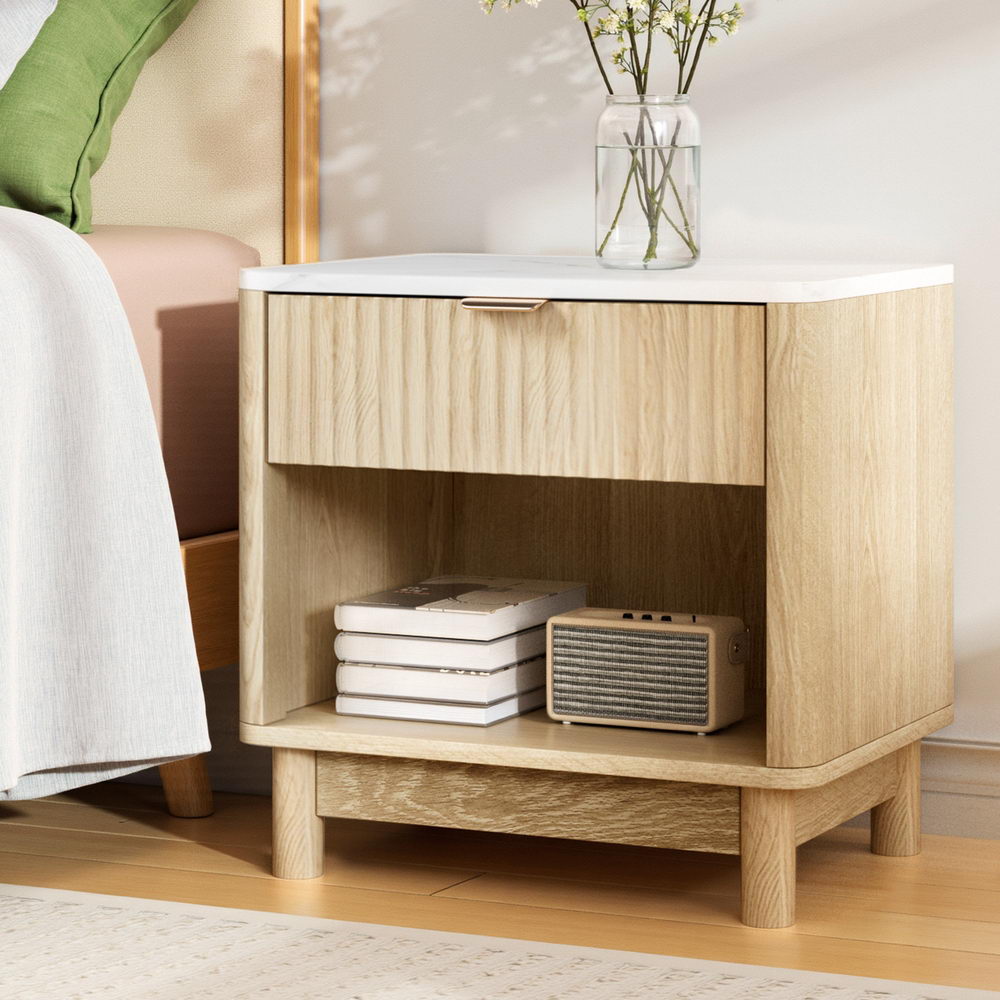 Bedside Table with Drawer and Shelf – Pine Finish