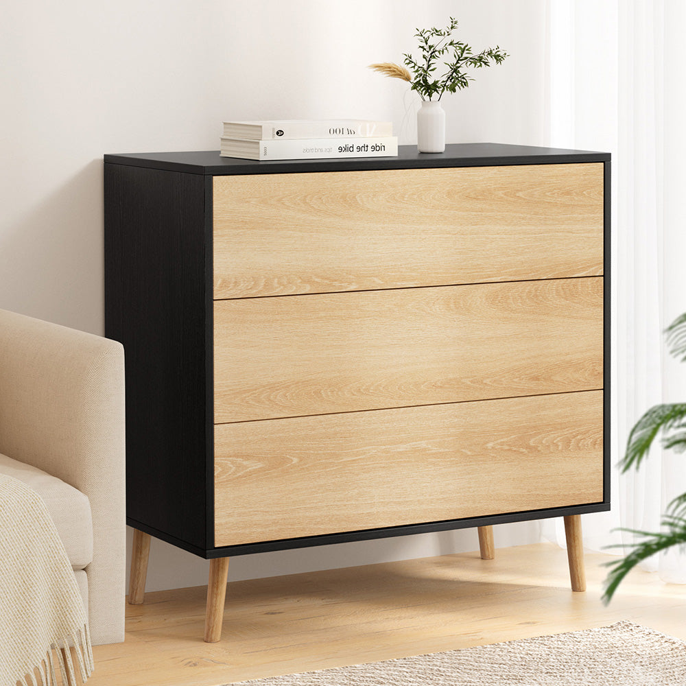 3-Drawer Chest of Drawers – Push-to-Open, Black & Pine Finish