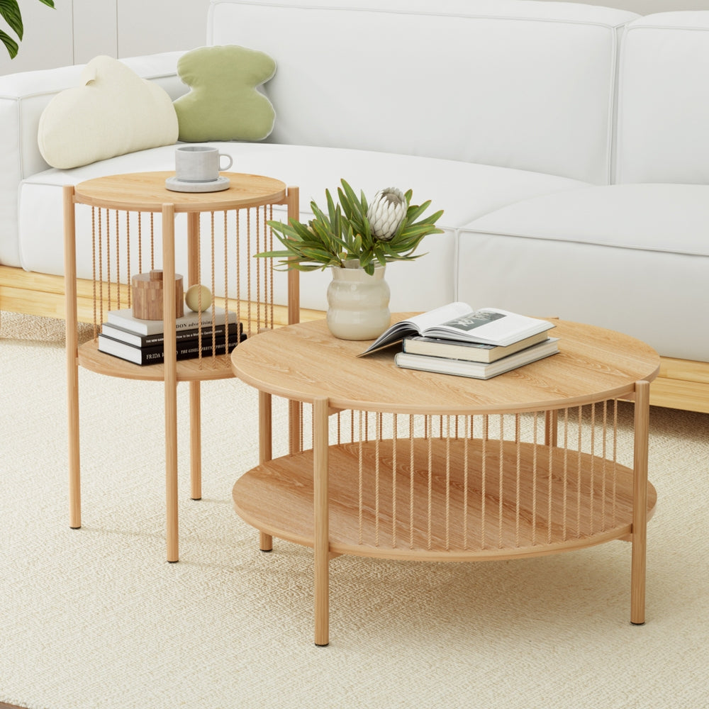 Coffee Table Set – Two-Tier Round Wood with Metal Frame