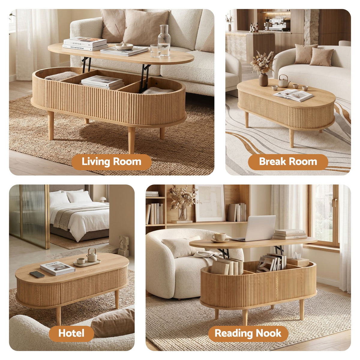 TWSC Lift Top Coffee Table Fluted Centre Table with Hidden Storage Oval 100cm