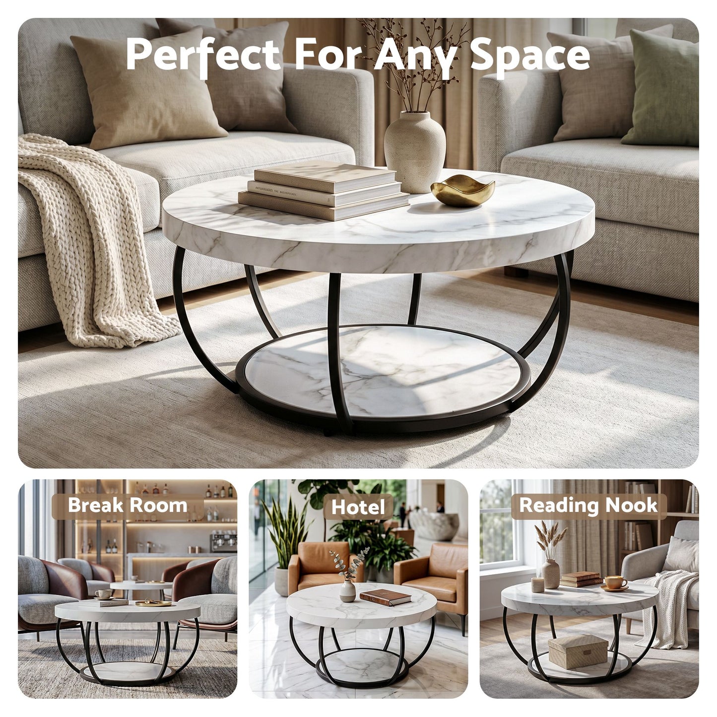 TWSC Coffee Table 2-Tier Marble Finish Round White&Black