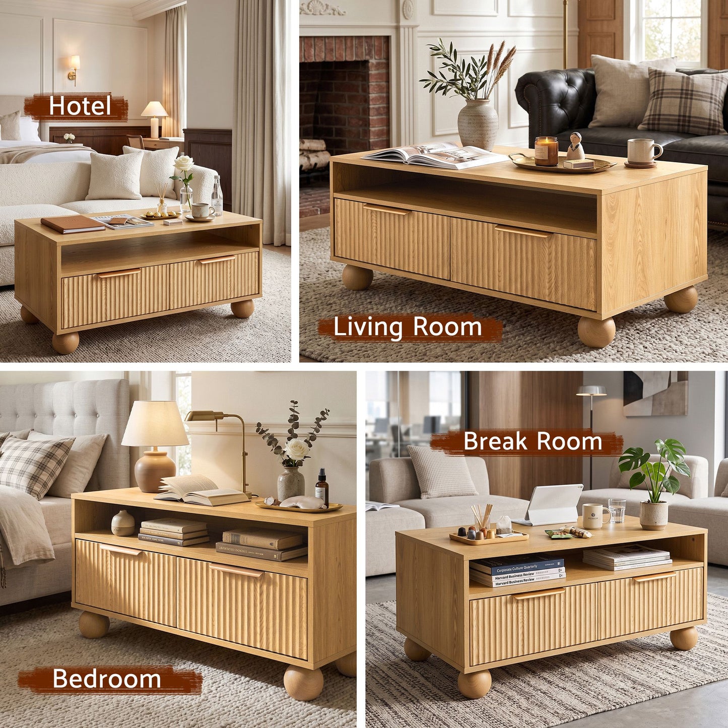 TWSC Coffee Table 90cm Center Table Fluted Drawers Open Shelf Spherical Solid Legs Wood