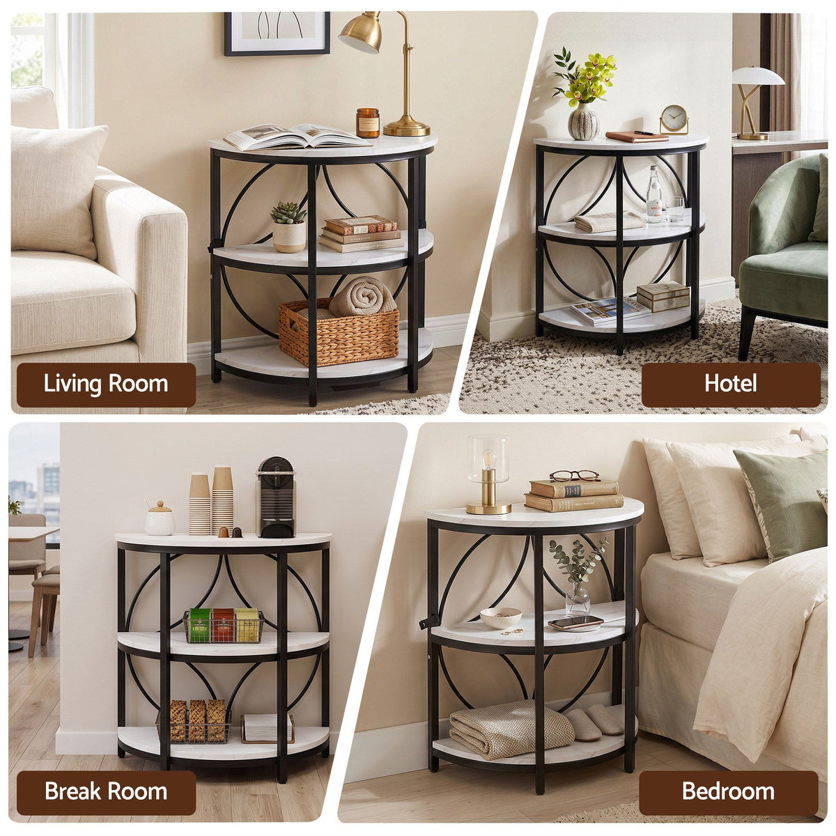 TWSC Semi-Circle End Table 3 Tier Coffee Table Side Nightstand Shelf Marble Effect White&Black