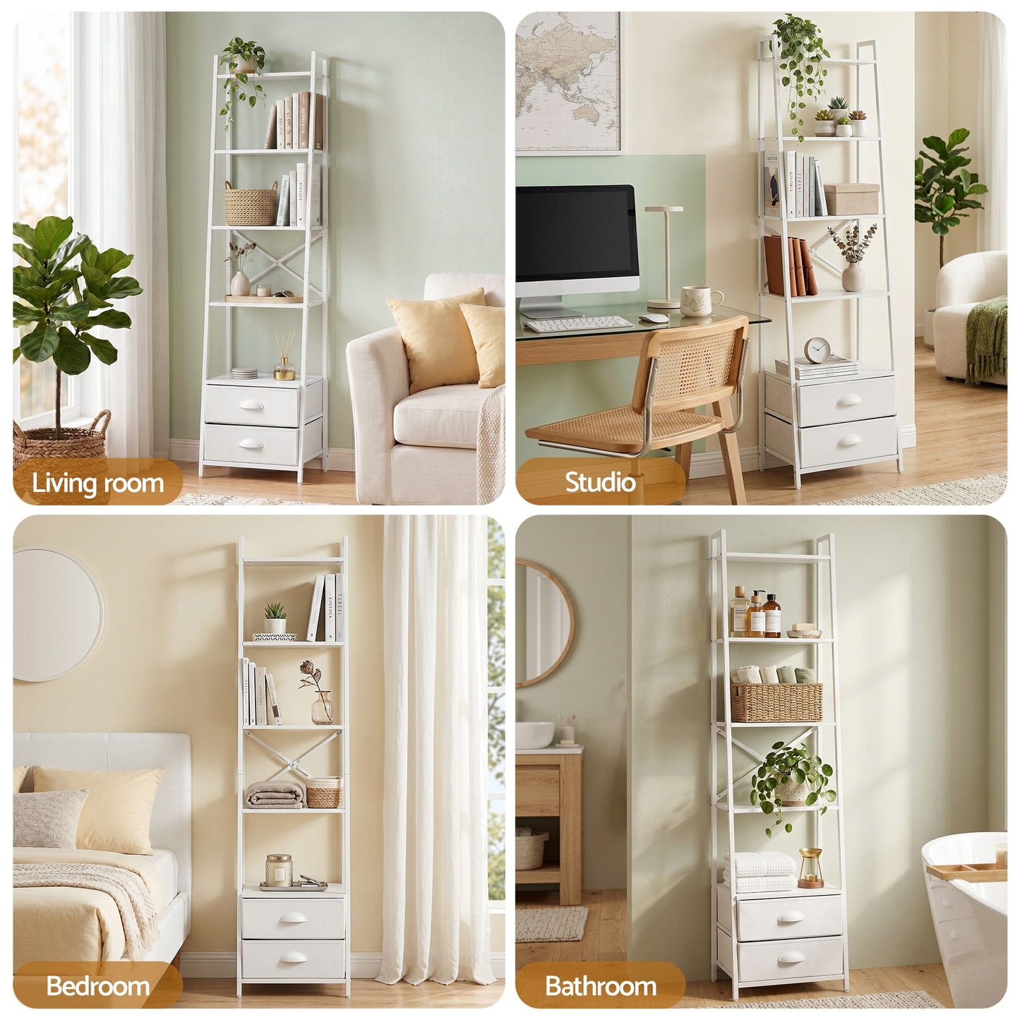 TWSC 5 Tier Bookshelf Ladder Bookcase with Fabric Drawers Display Rack White