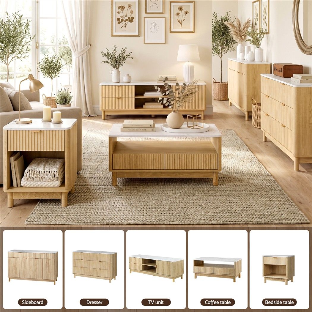 TWSC Buffet Sideboard Cabinet Kitchen Storage Cupboard Marble 2 Drawers Pine