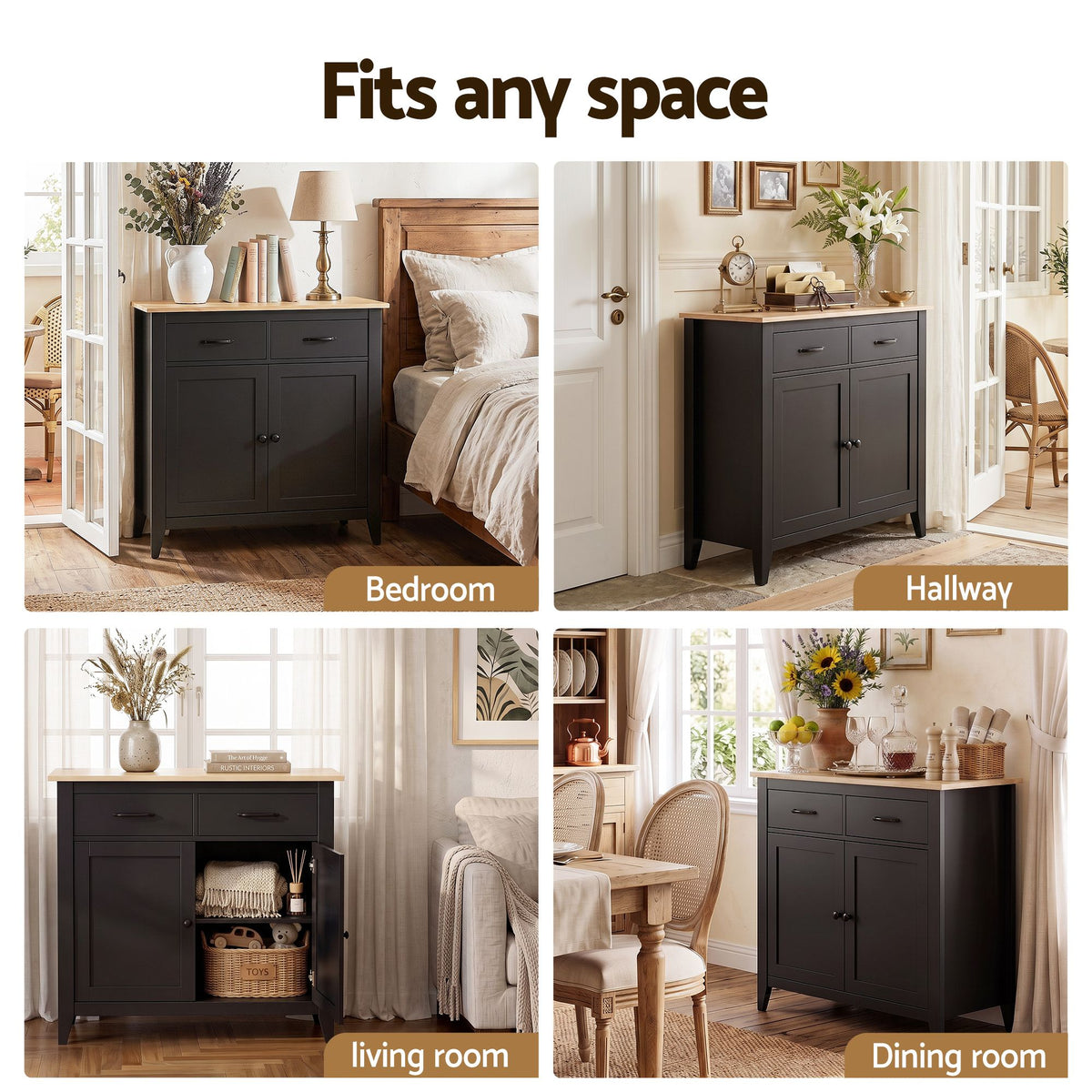 TWSC Buffet Sideboard Cabinet Kitchen Storage Cupboard Pantry 2 Drawers Black