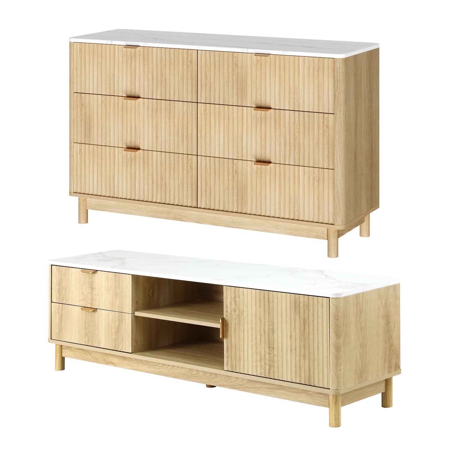 TV Unit and Chest of Drawers Set – Solid Wood Legs, Pine Finish