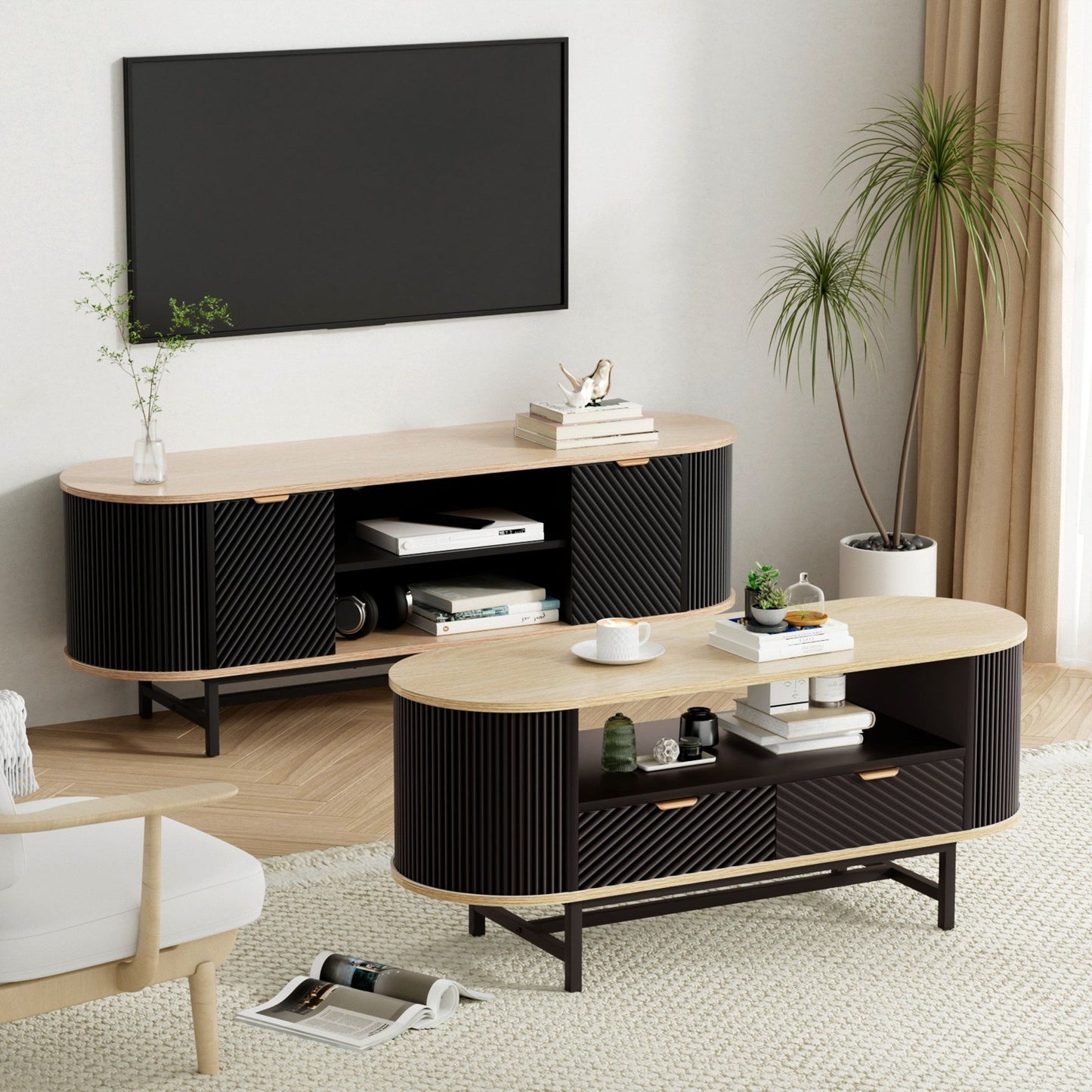 TV Unit and Coffee Table Set – Black and Pine with Storage Drawers and Shelves