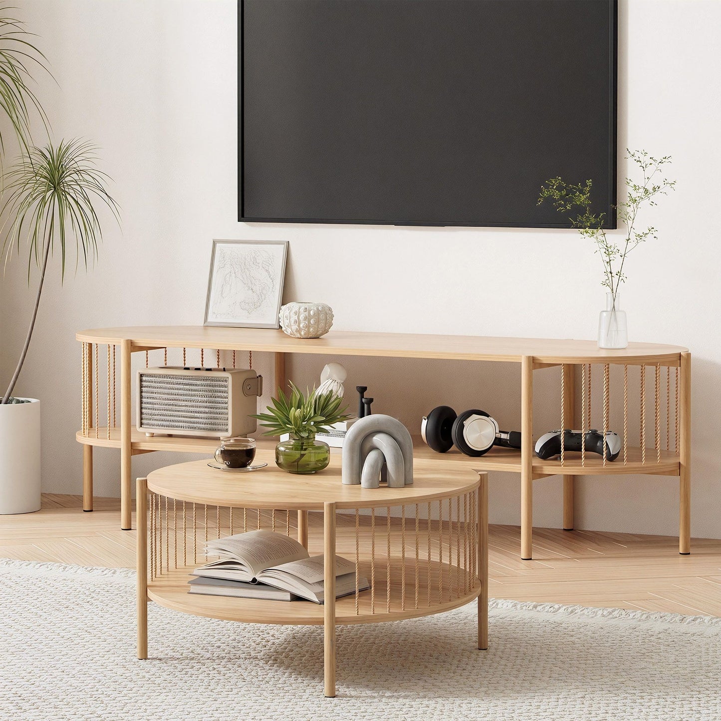 TWSC TV Unit & Coffee Table Set Storage Shelf Pine