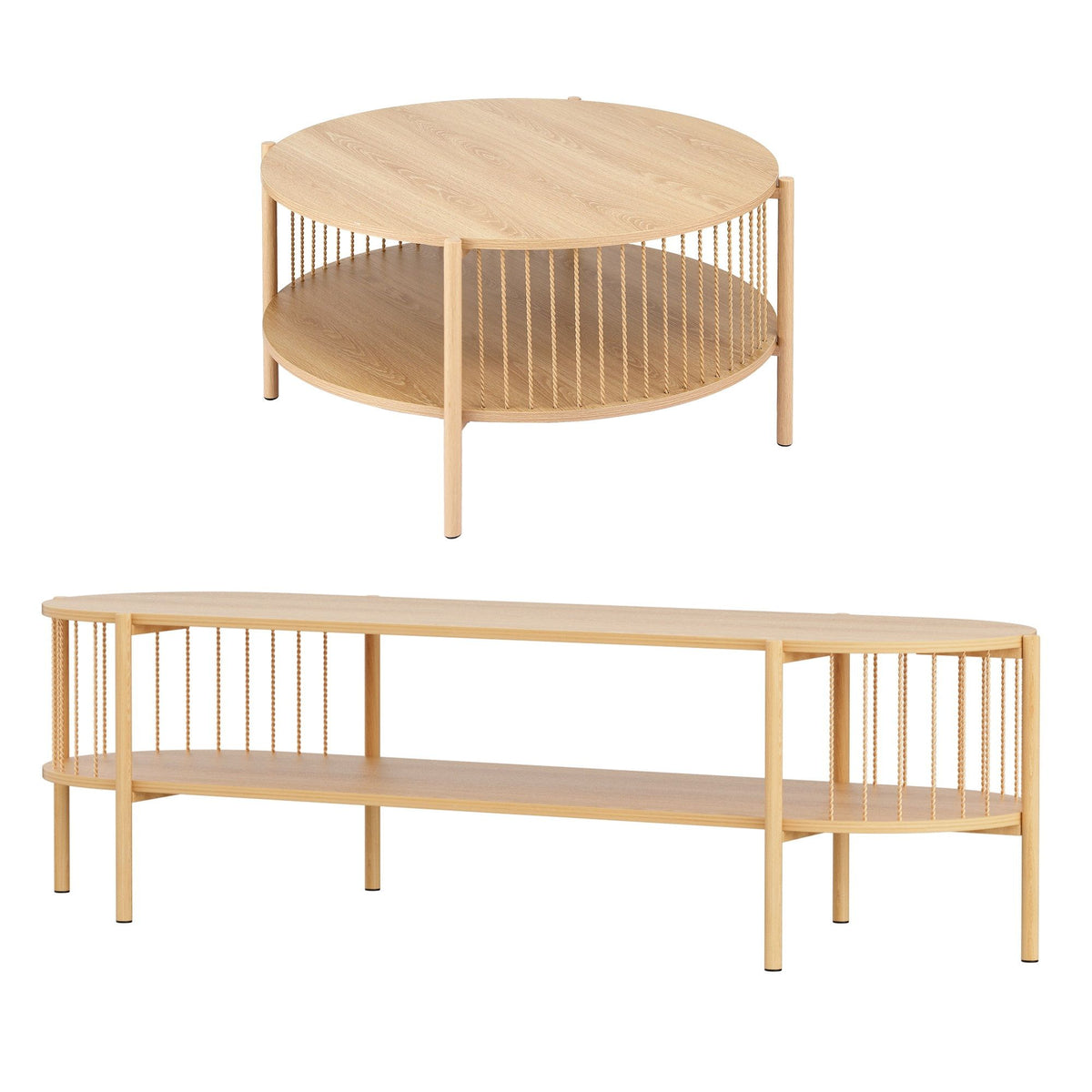 TWSC TV Unit & Coffee Table Set Storage Shelf Pine
