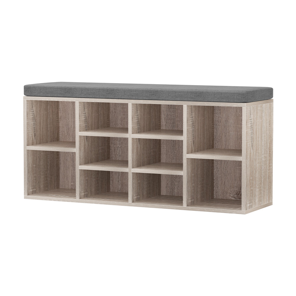 Shoe Rack Cabinet Bench – 10 Compartments, Pine with Fabric Seat