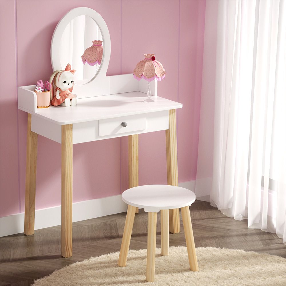 Kids Dressing Table and Chair Set – Detachable Mirror, White Wood Legs