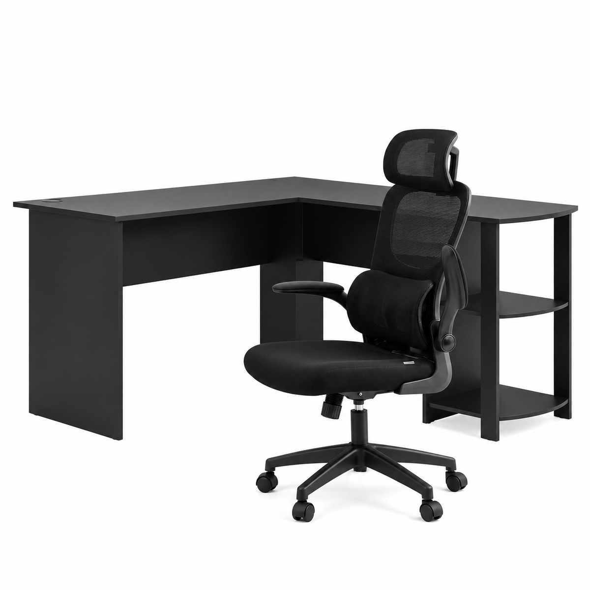 TWSC Office Desk and Chair Set L Shaped Computer Desk 136cm with 2 Tier Storage Shelves, Ergonomic Mesh Office Chair with Adjustable Headrest, Flip-Up Armrests & Lumbar Support