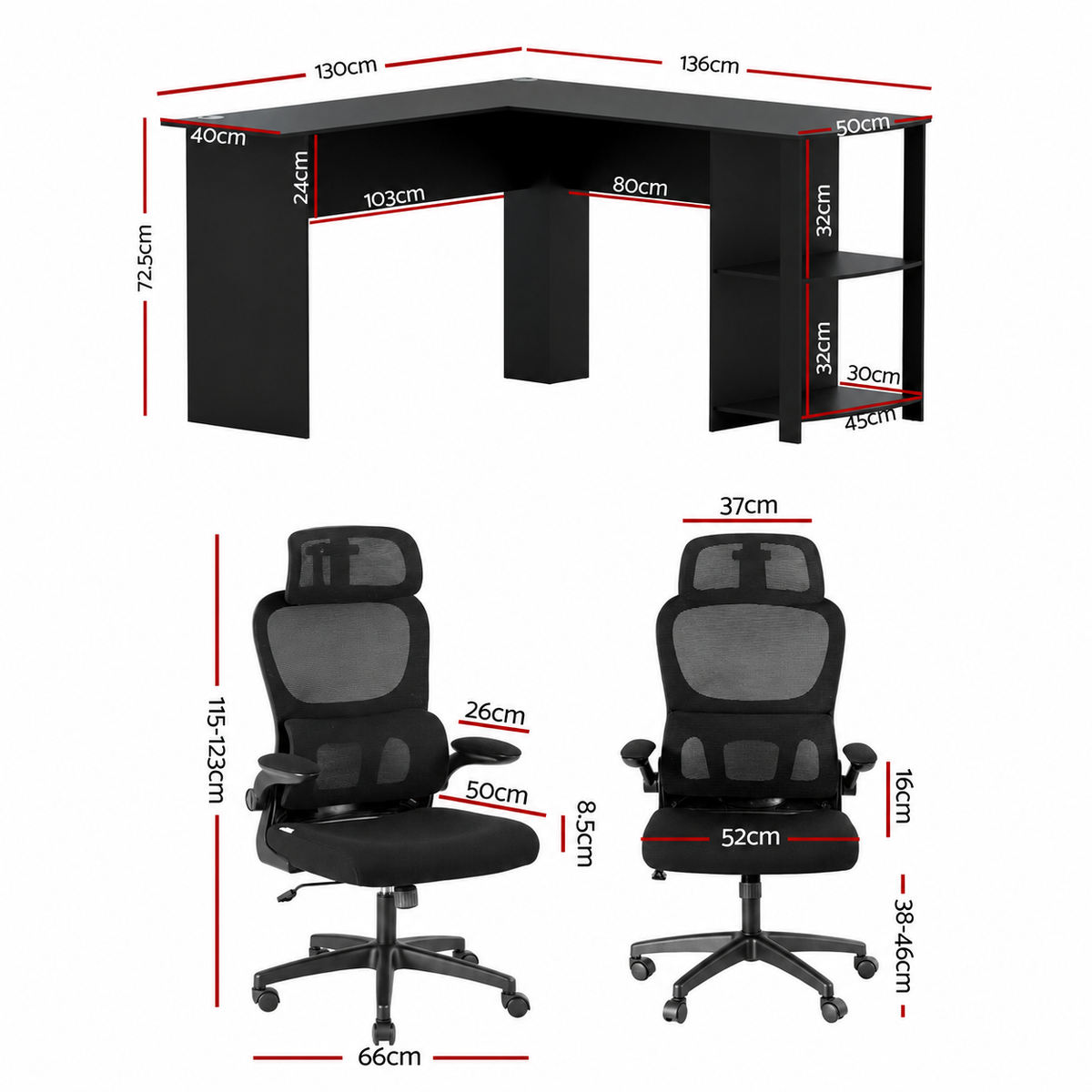 TWSC Office Desk and Chair Set L Shaped Computer Desk 136cm with 2 Tier Storage Shelves, Ergonomic Mesh Office Chair with Adjustable Headrest, Flip-Up Armrests & Lumbar Support