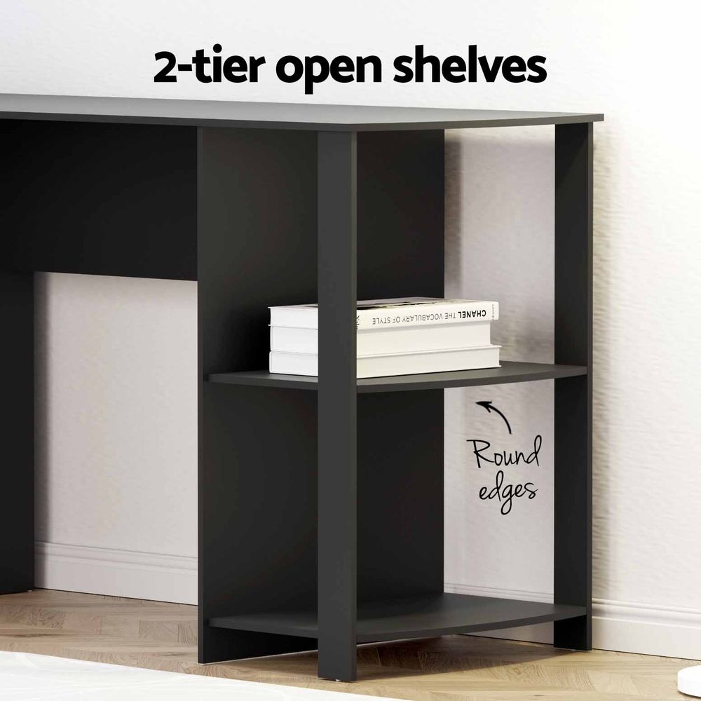 TWSC Office Desk and Chair Set L Shaped Computer Desk 136cm with 2 Tier Storage Shelves, Ergonomic Mesh Office Chair with Adjustable Headrest, Flip-Up Armrests & Lumbar Support