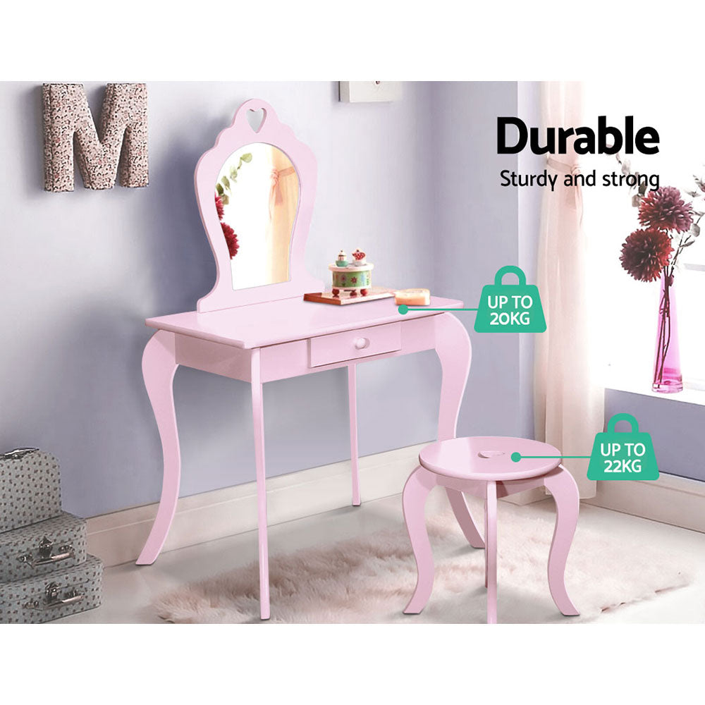 Kids Dressing Table and Stool Set – Pink Vanity Mirror, MDF Wood