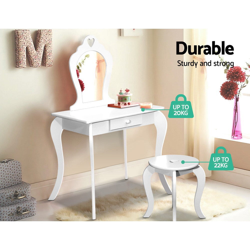 Kids Dressing Table and Stool Set – White Vanity Mirror with Storage