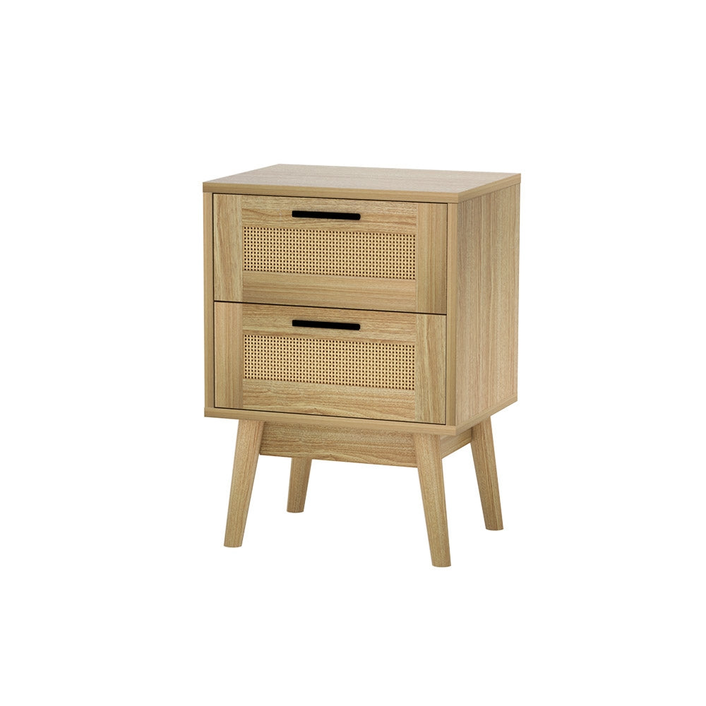 TWSC Rattan Bedside Table 2 Drawers Wood - RIE Oak