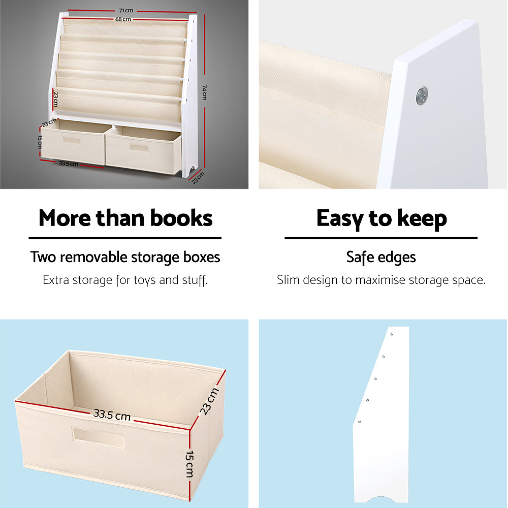 Kids Bookshelf with 4 Tiers and Storage Bins – White MDF Organiser