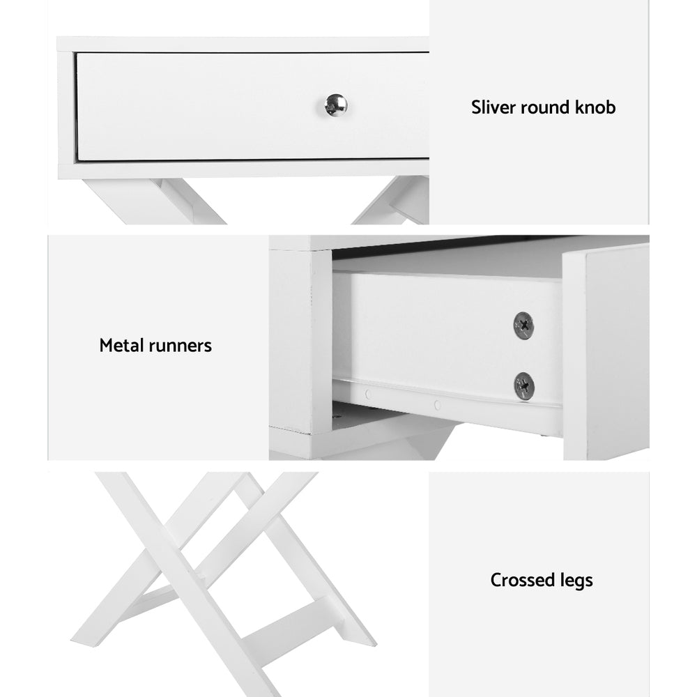 White melamine bedside table with drawer and cross-leg design, modern bedroom furniture by The Willow Stone Collective.