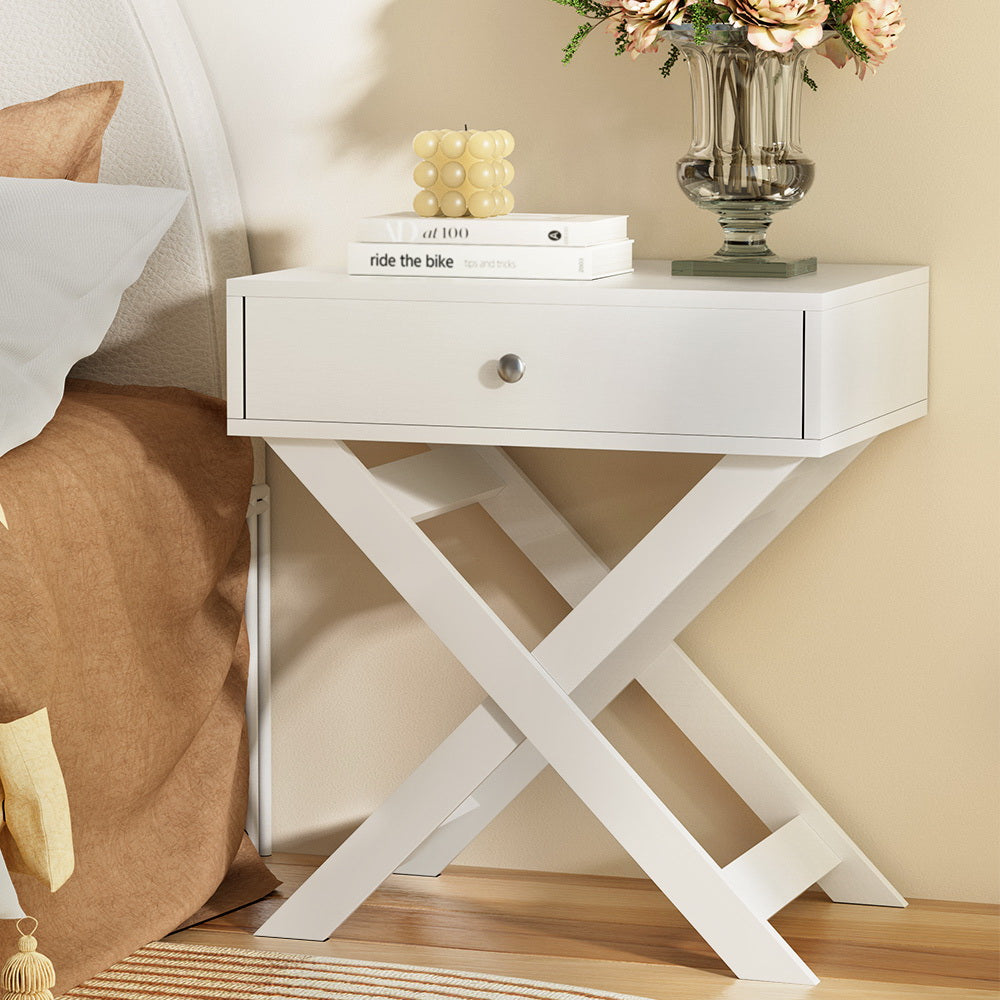 Bedside Table with Drawer – White Melamine Finish, Cross-Leg Design