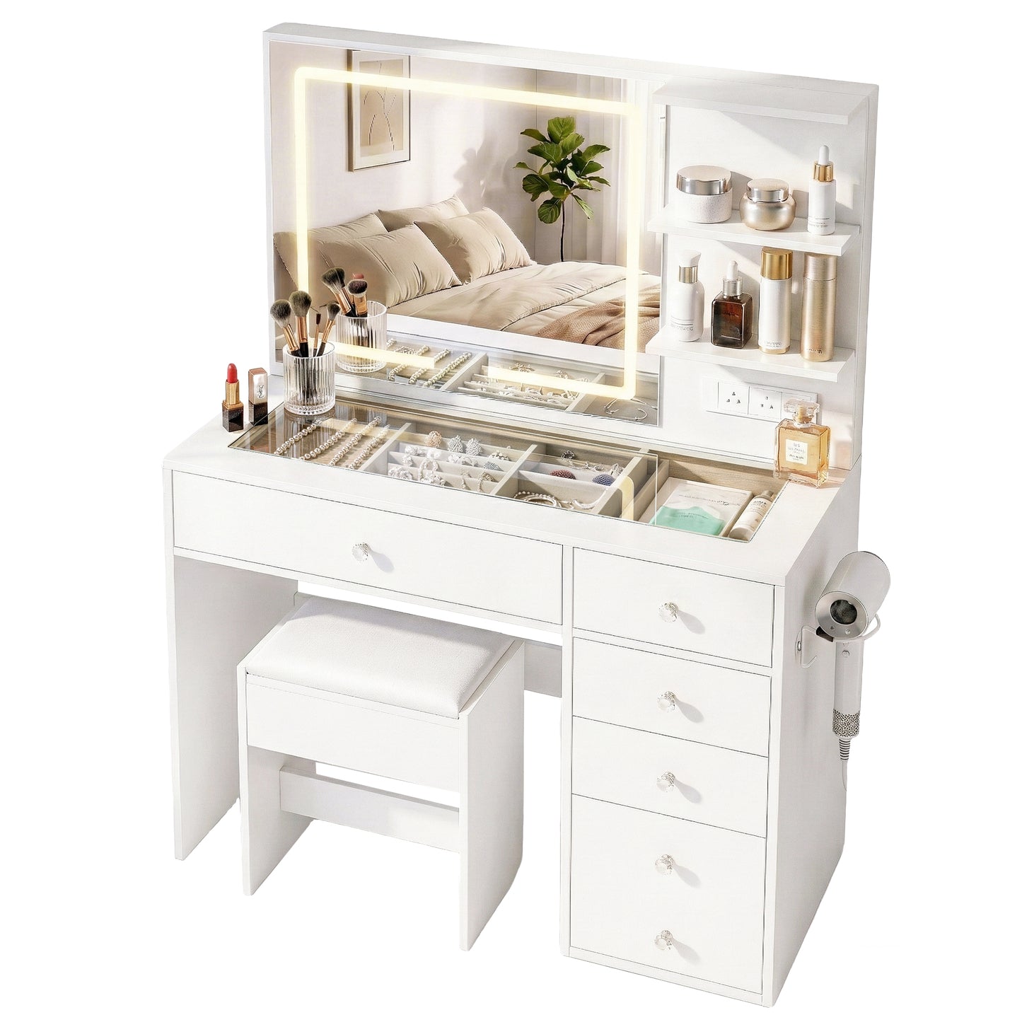 Dressing Table with LED Vanity Mirror and Stool – White