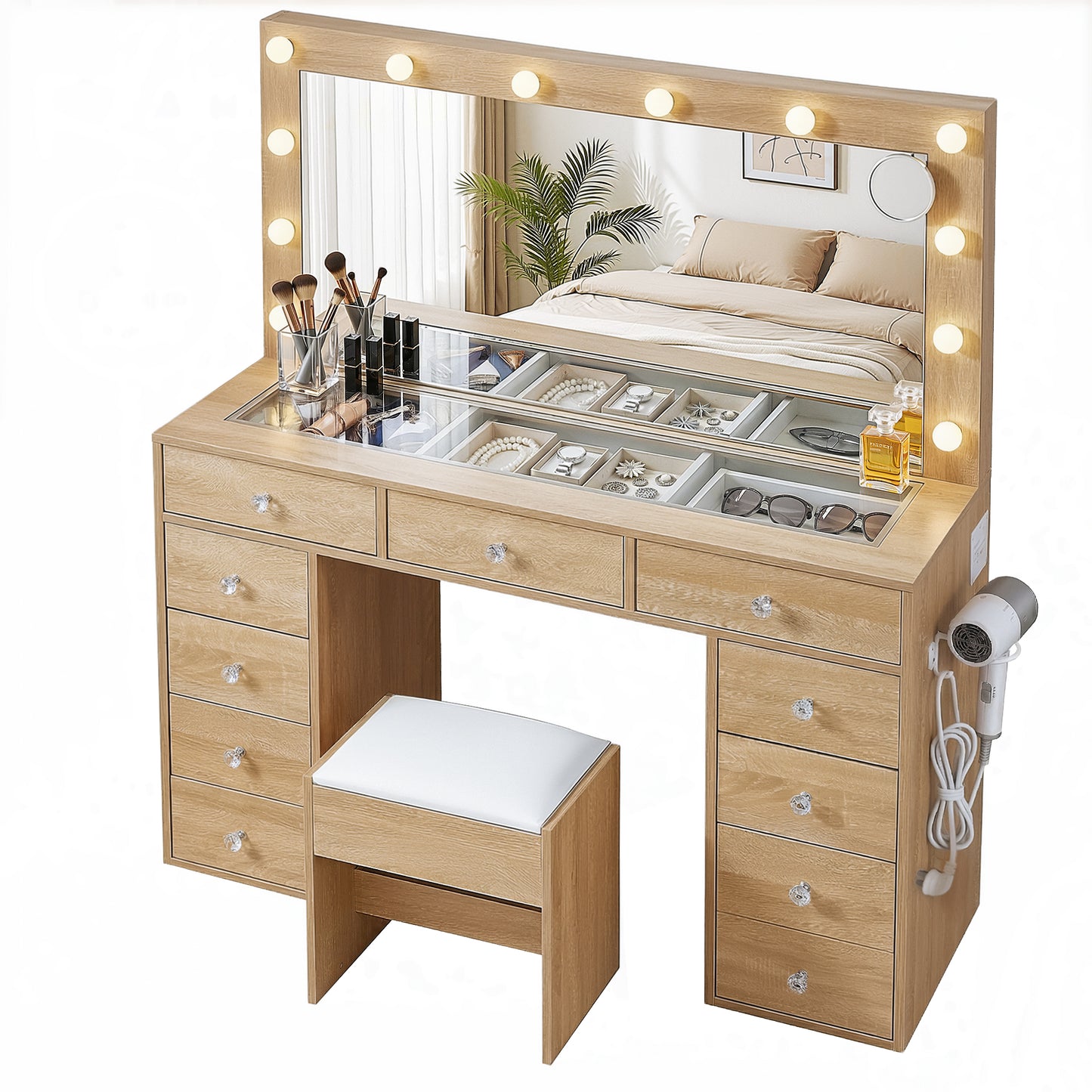 Dressing Table Vanity Desk with LED Bulbs and Stool – Wood Finish