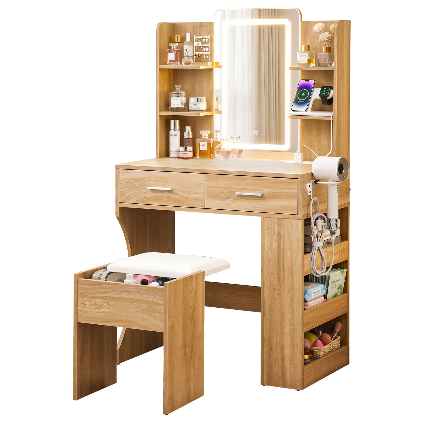 Dressing Table with LED Vanity Mirror and Stool – Wood Finish