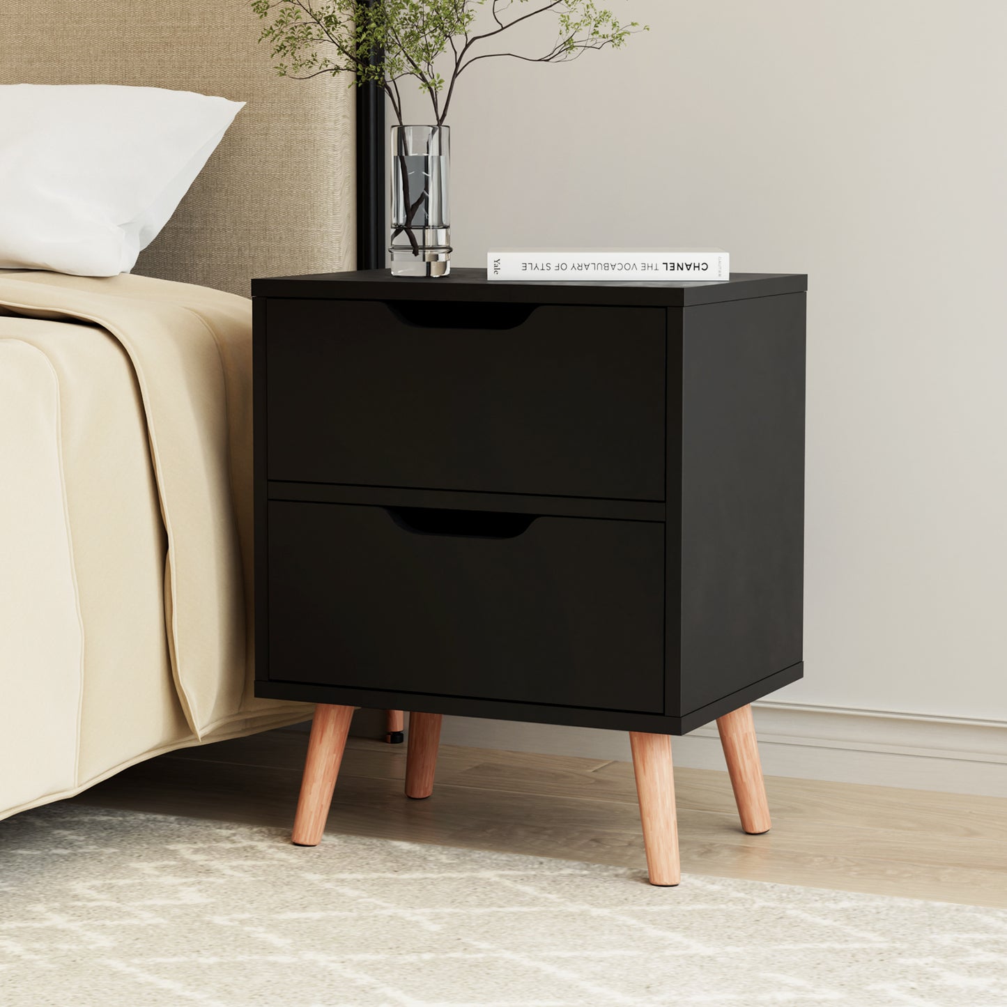 Bedside Table – Two Drawers, Black, 40x30x50cm