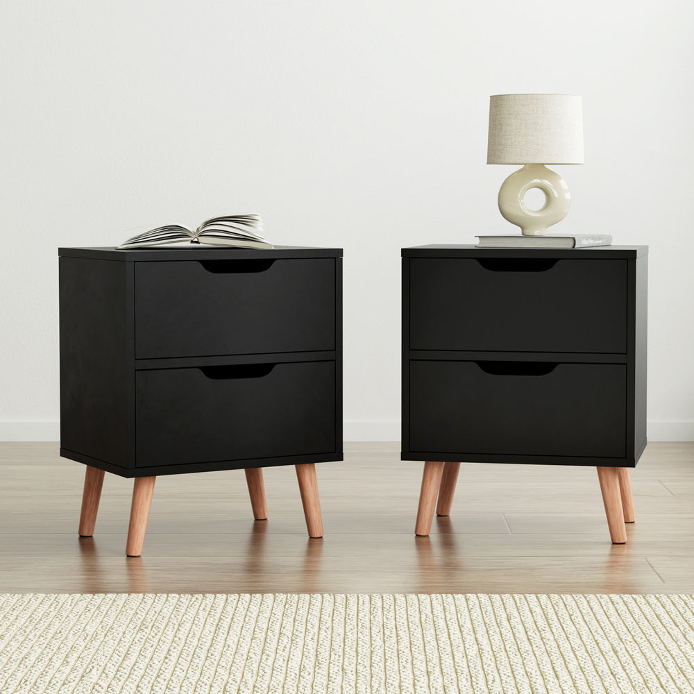 Bedside Table with Two Drawers – Black, 40x30x50cm, Set of 2