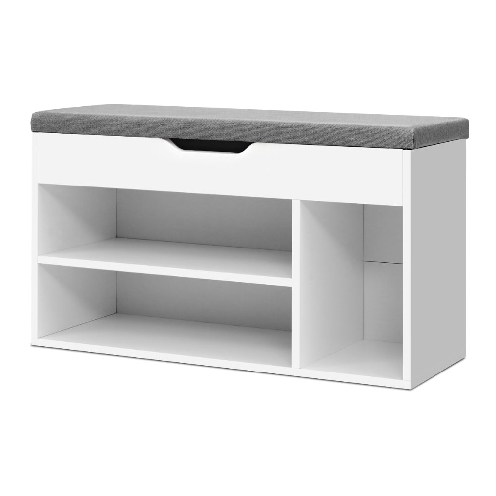Shoe Rack Bench – Cushioned Seat, White Particle Board
