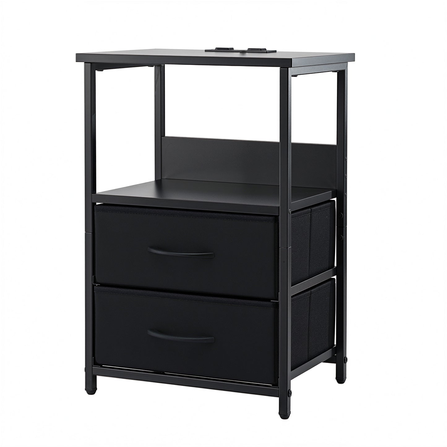 Bedside Table with LED Lighting and Charging Station – Black, 2 Foldable Drawers