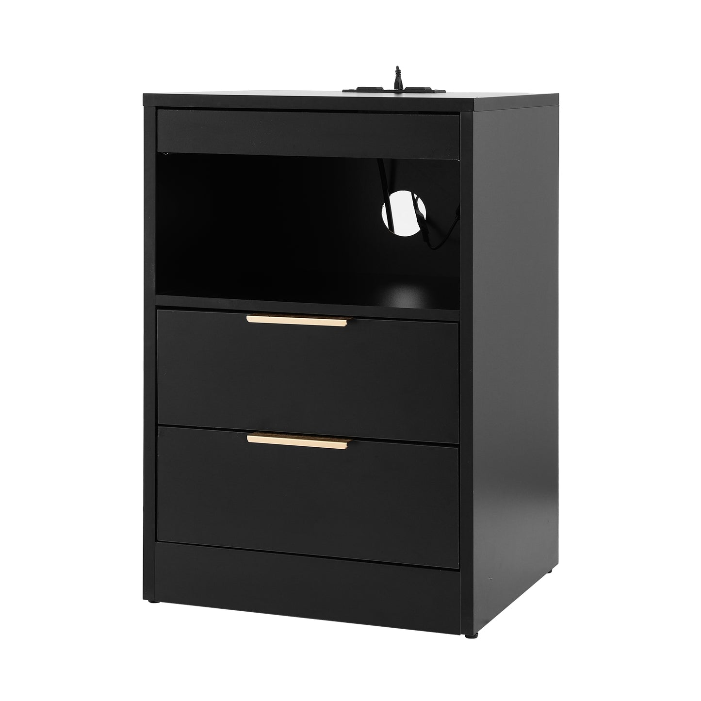 Bedside Table with LED Nightstand and Charging Station – Black, 2 Drawers