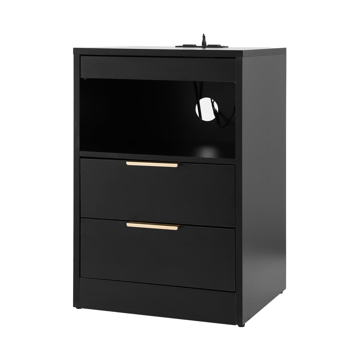TWSC Bedside Table LED Nightstand Charging Station 2 Drawers - Black