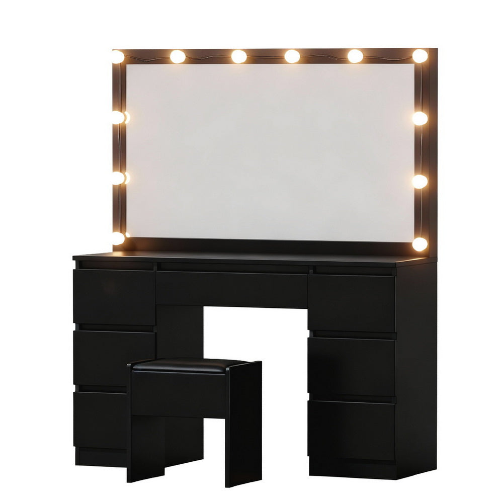 Dressing Table Vanity Set – 12 LED Bulbs, Black with Stool