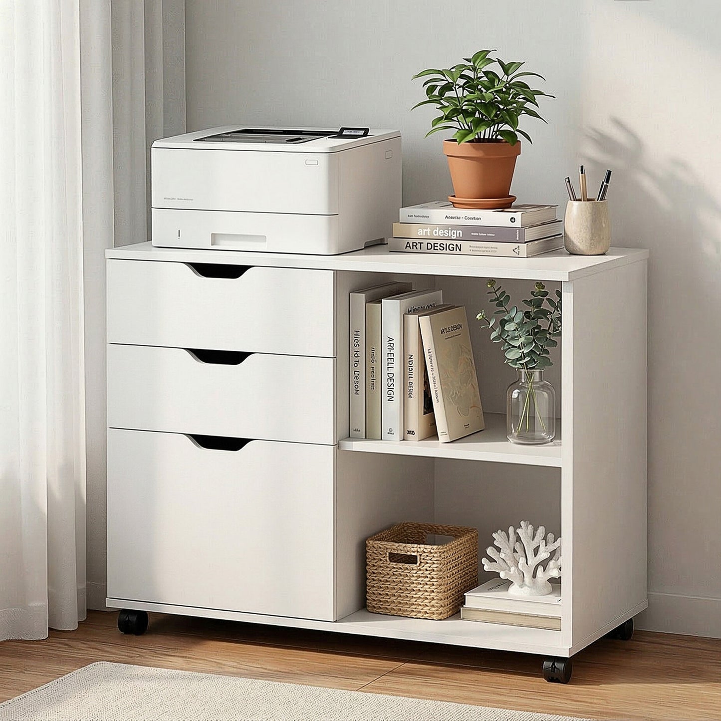 3-Drawer Mobile Filing Cabinet with Printer Stand – White