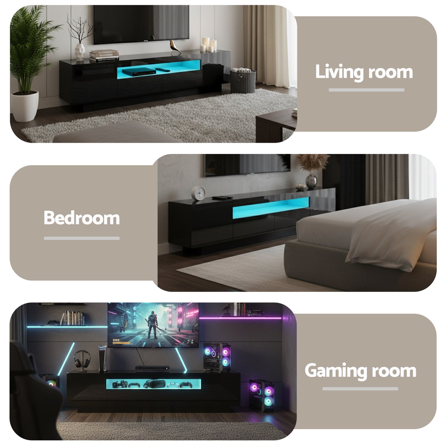 TV Unit with RGB LED Lighting – 180cm Black Entertainment Storage Drawer