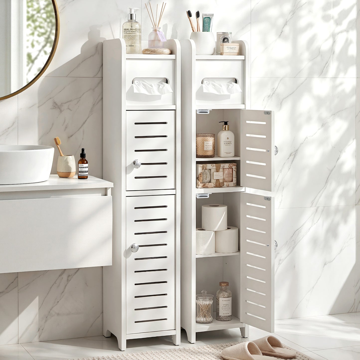 Bathroom Storage Cabinet with Toilet Paper Holder – 3-Tier, White, Slim Design
