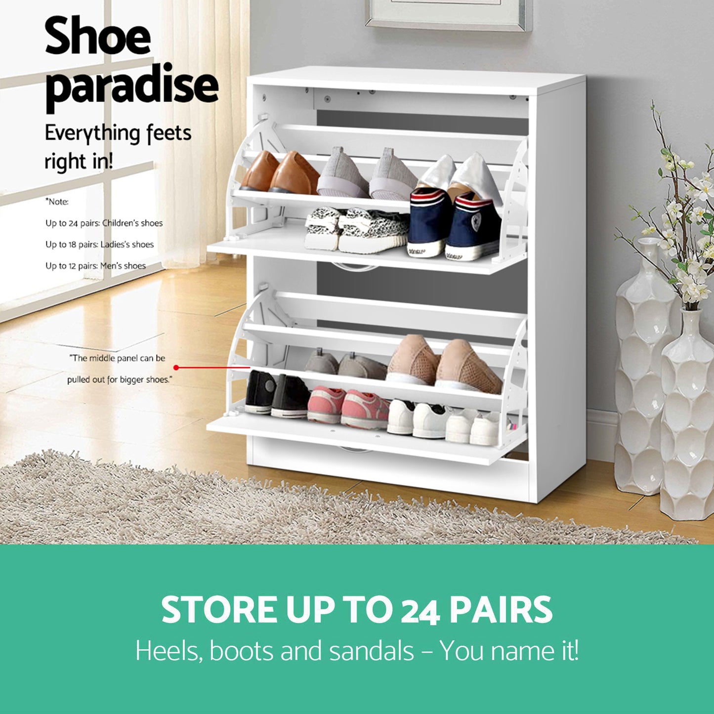 Shoe Rack Cabinet – Adjustable Shelves, White, 24 Pairs Capacity
