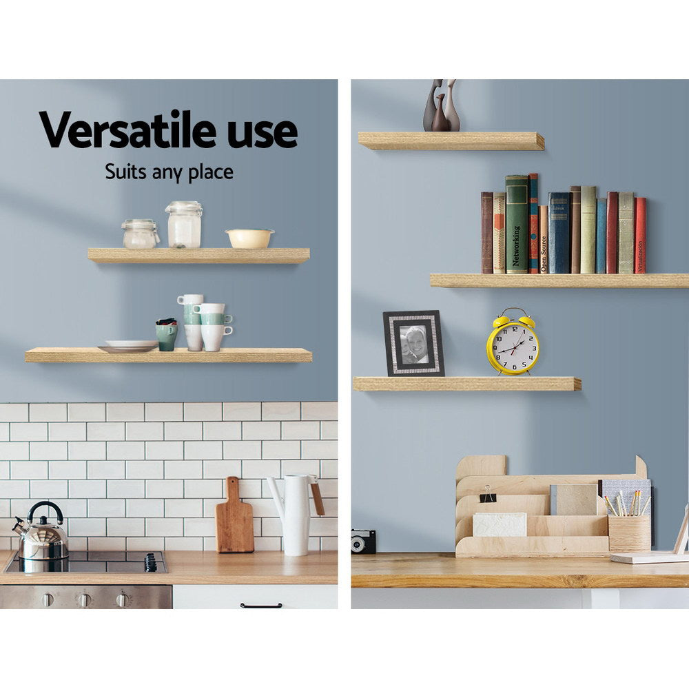 Sturdy oak floating wall shelf set with three sizes, modern design for living room storage by The Willow Stone Collective.