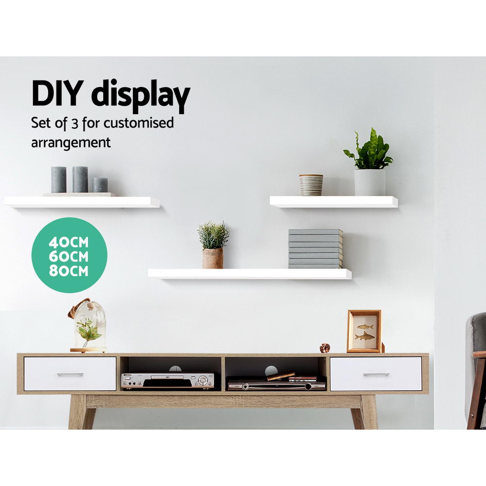 Floating Wall Shelf Set – White, 3-Piece Modern Display