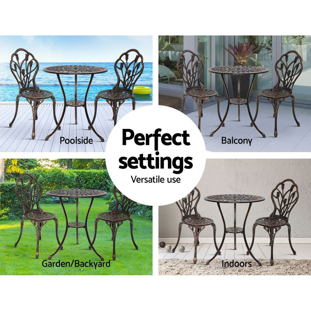 TWSC 3PC Outdoor Setting Bistro Set Chairs Table Cast Aluminum Patio Furniture Tulip Bronze