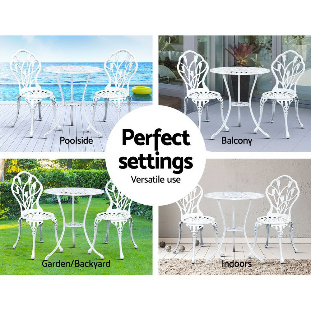 TWSC 3PC Outdoor Setting Bistro Set Chairs Table Cast Aluminum Patio Furniture Tulip White